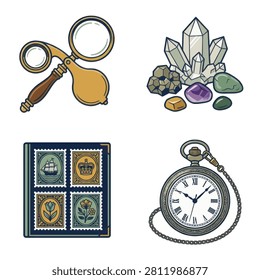 A collection of vintage hobby items including a magnifying glass, gemstones, a stamp album, and a classic pocket watch.