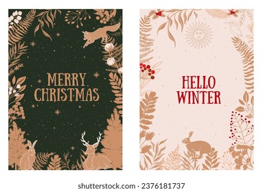 Collection of vintage Holidays greeting cards. Christmas greeting cards, Happy Holidays cards. Editable vector illustration.