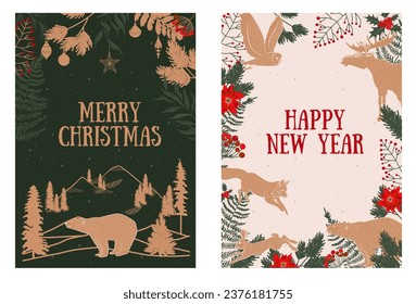 Collection of vintage Holidays greeting cards. Christmas greeting cards, Happy Holidays cards. Editable vector illustration.