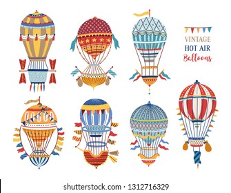 Collection of vintage hot air balloons of different texture and color isolated on white background. Bundle of retro manned flying aircrafts decorated with flags. Vector illustration in flat style.