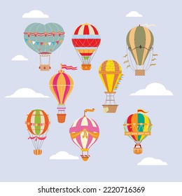 Collection of vintage hot air balloons of different texture and color isolated on white background. Bundle of retro manned flying aircrafts decorated with flags. Vector illustration. 3D Illustration