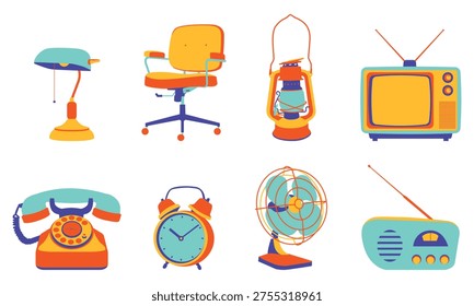 A collection of vintage household objects in a flat, colorful vector style, featuring mid-century modern electronics and furniture.