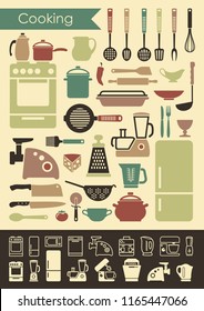 Collection of vintage icons of kitchen utensils and household appliances. Flat and linear cooking icons