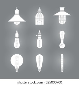 Collection of vintage illuminate symbols light bulbs and lamps.Edison light bulbs.Template for design. Business Signs, Logos, Elements, Labels, Sticker. Vector illustration. Isolated 