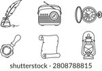A collection of vintage items including a quill pen old radio and pocket watch in a simple line art style