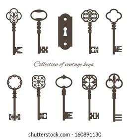 Collection of vintage keys and keyhole isolated on white. Vector illustration. 