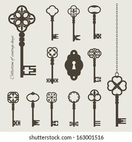 Collection of vintage keys and keyhole isolated on beige. Vector illustration. Chain is grouped separately and can easily be combined with any key.