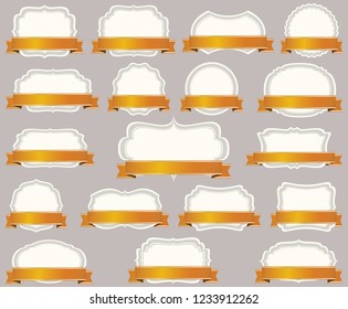 collection of vintage labels colored light brown with golden banner