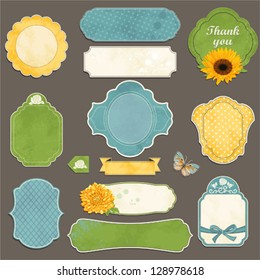 Collection of vintage labels with flowers, butterfly and bows with an empty seat for your text.