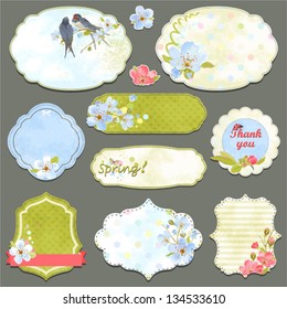 Collection of vintage labels with spring flowers and swallows with an empty seat for your text, vector set 2.