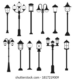 Collection of vintage lanterns. Black and white isolated street lamps. Lamp post icons of different shapes and types. Outside lighting elements design.