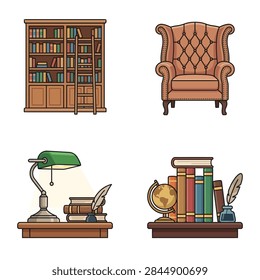 A collection of vintage library elements including a bookshelf, armchair, desk lamp, and books with a globe