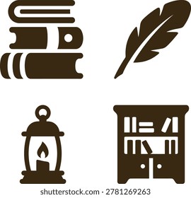 A collection of vintage literary elements including stacked books, a quill, a lantern, and a bookshelf