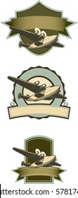 Collection of vintage looking airplane labels with pen and ink style airplane.