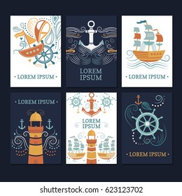 Collection of vintage marine cards and flyers. Save the date cards template. Set of elements: anchor, ship, helm, lighthouse, fish and others. Vector objects for the design of invitation. Retro style.