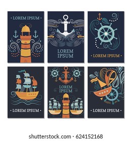 Collection of vintage marine cards and flyers. Save the date cards template. Set of elements: anchor, ship, helm, lighthouse, fish and others. Vector objects for the design of invitation. Retro style.