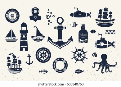 Collection of vintage marine elements on background texture. The kit vector symbols: anchor, ship, boat, lifeboat, lighthouse, helm, submarine, fish, compass and others. Illustration of sea life.