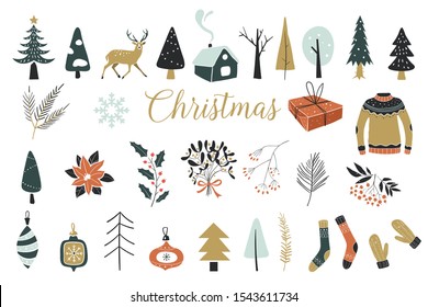 Collection of Vintage Merry Christmas And Happy New Year flowers. Vector illustration with floral elements, leaves.Template for Scrapbooking,Stickers,Planner,Invitations. Perfect for winter decoration