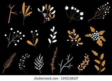 Collection of Vintage Merry Christmas And Happy New Year flowers. Design elements with briar, berries, fir branches, trees, mistletoe, cones. Christmas decoration for invitations, greeting cards.