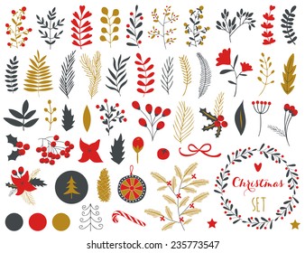 Collection of Vintage Merry Christmas And Happy New Year flowers. Greeting stylish illustration of winter romantic flowers, berries, leafs, wreaths, laurel. Good for cards or posters