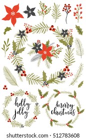 Collection of Vintage Merry Christmas And Happy New Year flowers. Greeting stylish illustration of winter flowers, leafs, wreaths.