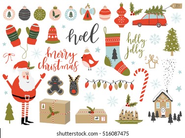 Collection of Vintage Merry Christmas And Happy New Year elements. Greeting stylish illustration of winter toys, decoration, flowers, leafs, lettering.