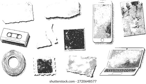 Sammlung von Vintage und modern einschließlich zerrissenen Papierkassetten-Band Smartphone und Laptop abgerissen Kante