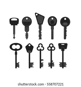 Collection of vintage and modern key icons. House or apartment keys. Trendy flat design. Simple vector illustration on white background.