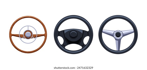 Collection Of Vintage And Modern Steering Wheels. Includes Wooden, Contemporary, And Racing Designs, Vector Illustration