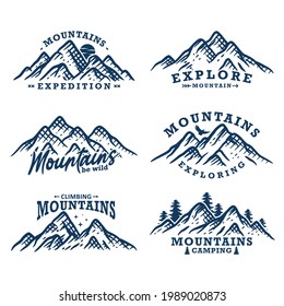 Colección de diseño de montaña vintage, explorar, acampar, expedición aislada en fondo blanco