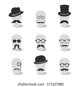 Collection of vintage mustaches hats and glasses on hat-blocks icons isolated vector illustration