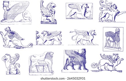 Collection of vintage mythical beast illustrations featuring winged lions, sphinxes, and ancient guardians. Ideal for fantasy design, history projects, tattoos, gothic, or museum-style artwork.