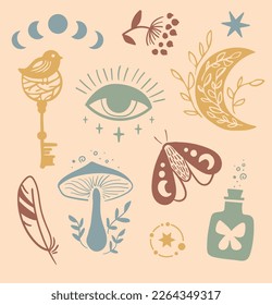 Collection of vintage natural symbols. Magic natural elements: bird, moon, plants, gibs, potions, hands, moths, eye. Spring and summer print for textile, typography and web.