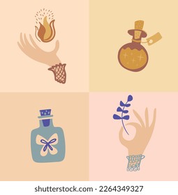 Collection of vintage natural symbols. Magic natural elements: bird, moon, plants, gibs, potions, hands, moths, eye. Spring and summer print for textile, typography and web.