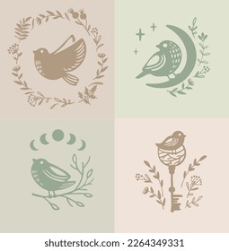 Collection of vintage natural symbols. Magic natural elements: bird, moon, plants, gibs, potions, hands, moths, eye. Spring and summer print for textile, typography and web.