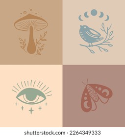 Collection of vintage natural symbols. Magic natural elements: bird, moon, plants, gibs, potions, hands, moths, eye. Spring and summer print for textile, typography and web.