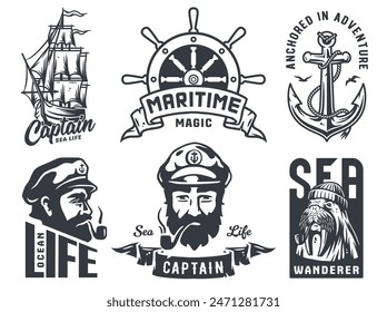 Collection of vintage nautical badges, designs featuring ships, anchors, captains, and sea life in a classic monochrome palette.