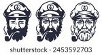 Collection of vintage nautical captain portraits. Set with bearded sailors wearing captain hats and pipes, showcasing their leadership and authority at sea.