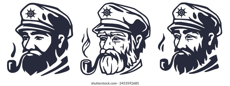 Collection of vintage nautical captain portraits. Set with bearded sailors wearing captain hats and pipes, showcasing their leadership and authority at sea.