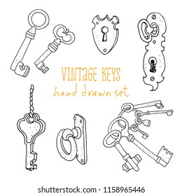 Collection of vintage old keys, hand drawn vector illustration isolated on white background