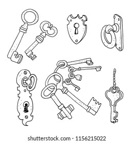 Collection of vintage old keys, vector illustration