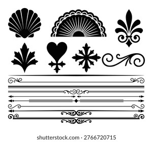 Collection of vintage ornamental elements including seashell fan fleur de lis leaf heart and borders. Decorative design motifs and symbols.