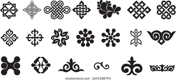 A collection of vintage ornamental icons including Celtic knots, floral motifs, tribal symbols, and classic decorative shapes. These high-resolution vector elements are perfect for branding, packaging