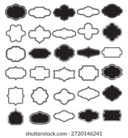 Colección de marcos de etiquetas ornamentales vintage y Formas de insignias decorativas en blanco y negro, perfectas para logotipos, empaques, marcas y diseños retro.