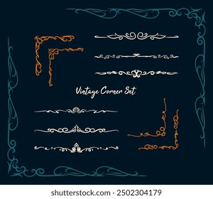 collection of vintage ornaments borders on dark background