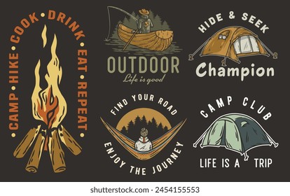 Collection of vintage outdoor adventure badges, camping elements like tents, campfire, canoe for nature enthusiasts and wilderness explorers. Set of t-shirt prints for travel, nature hiking and camp.