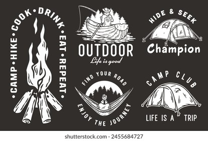 Collection of vintage outdoor adventure badges, camping elements like tents, campfire, canoe for nature enthusiasts and wilderness explorers. Set of t-shirt prints for travel, nature hiking and camp.