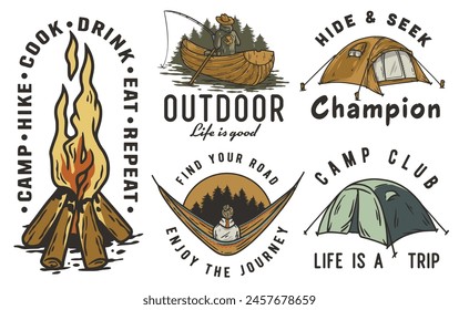 Collection of vintage outdoor adventure badges, camping elements like tents, campfire, canoe for nature enthusiasts and wilderness explorers. Set of t-shirt prints for travel, nature hiking and camp.