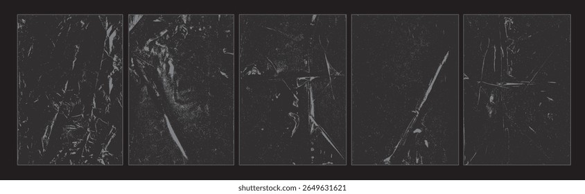 Collection of vintage overlay textures featuring folded paper effects, torn edges, surface dust, distressed grunge marks, scratches, and creased details for old and punk style visual designs. Vector.