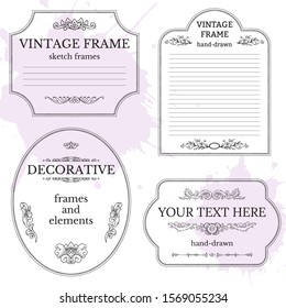 A collection of vintage page design frames. Decorative elements text design. Victorian, historical style. Can be used in postcards, invitations, menus, banners. Hand drawn sketches, engraving style